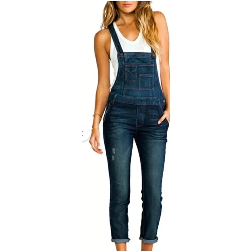 Free People Gray Denim Overalls Slim Tapered Distressed Bib Dungarees Gray